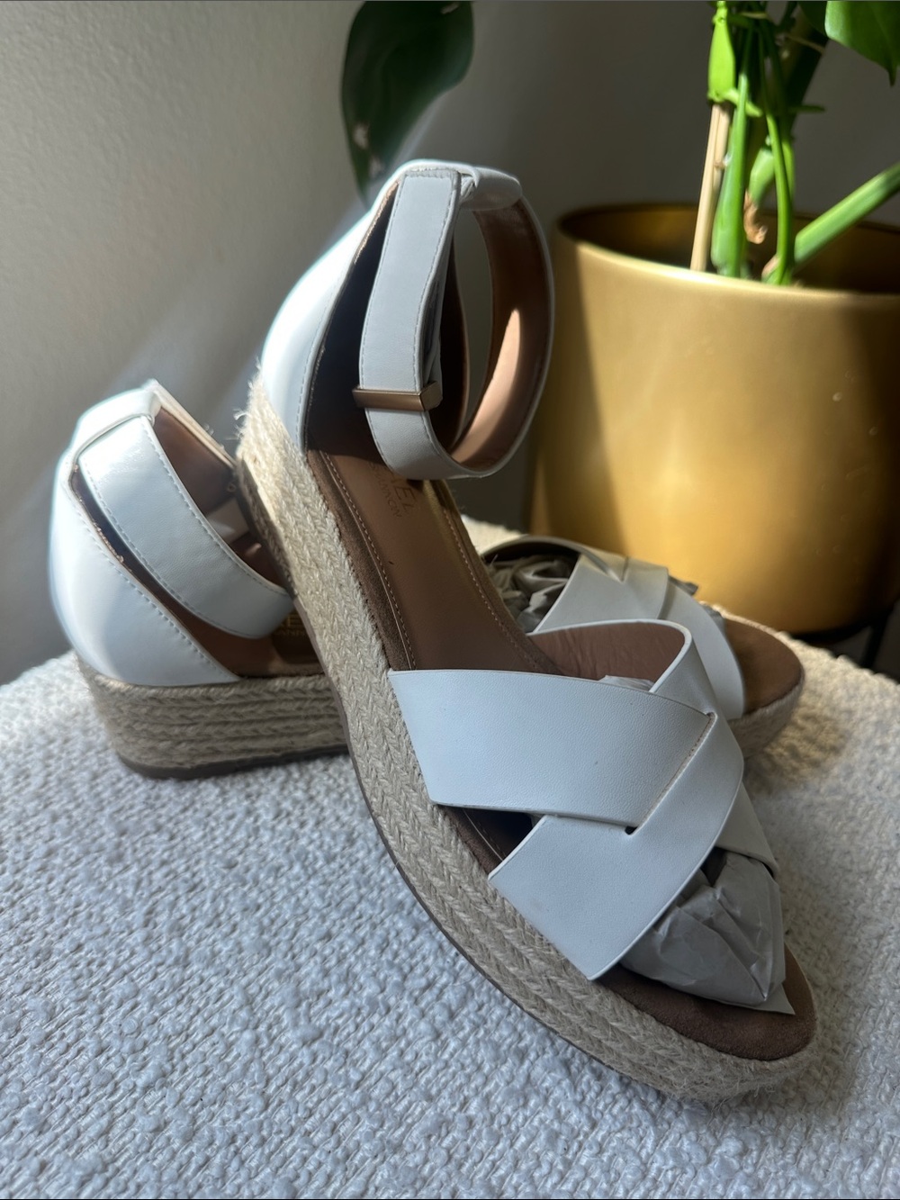 Michael Shannon White Espadrille Wedge Sandals with Ankle Strap